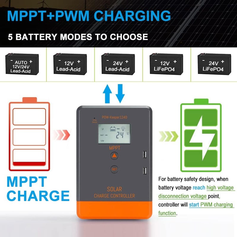 PowMr تحكم شحن الطاقة الشمسية MPPT 12V 24V 30Amp، وحدة تحكم mppt 30a منظم الطاقة الشمسية 30Aw/LCD عرض لبطاريات AGM، جل، مغمورة وليثيوم - Image 2